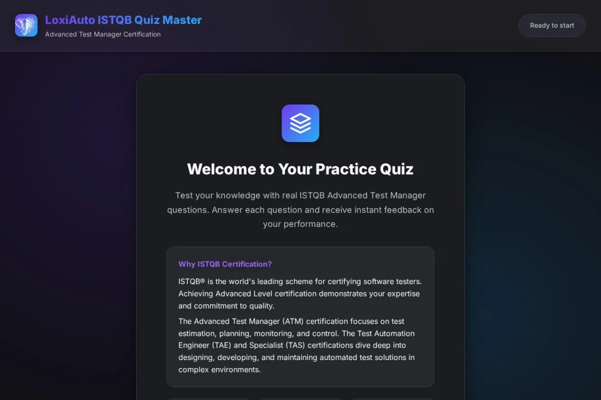 Screenshot of LoxiAuto ISTQB Quiz Master